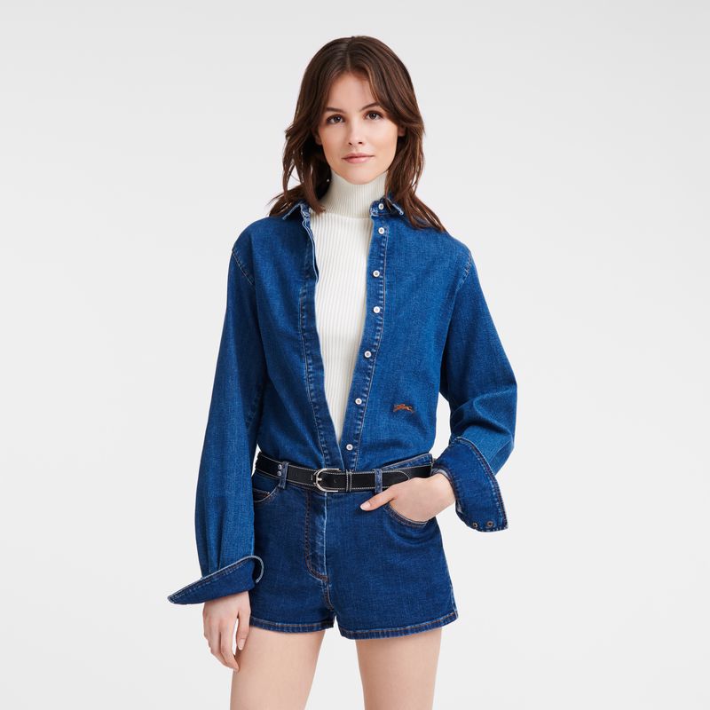 Women Longchamp Denim Shirts Blue | Philippines-127RXMFLZ