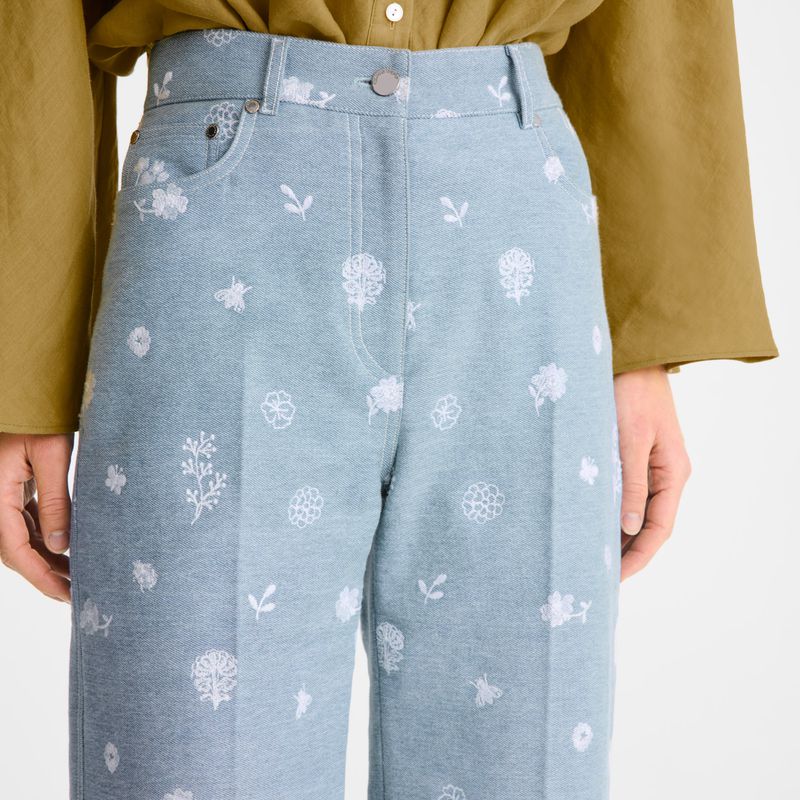 Women Longchamp Embroidered Denim Jeans Blue | Philippines-263AXNPWE