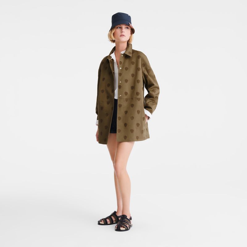 Women Longchamp Embroidered Gabardine Coat Olive | Philippines-386YFCATQ