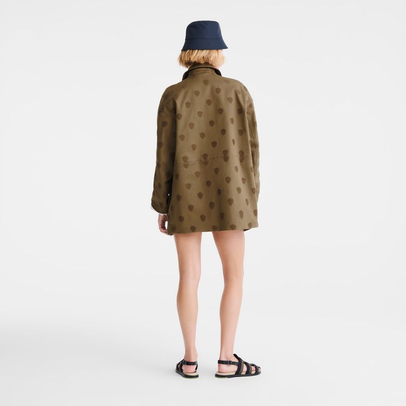 Women Longchamp Embroidered Gabardine Coat Olive | Philippines-386YFCATQ
