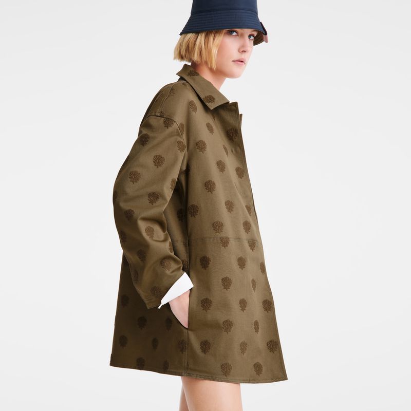 Women Longchamp Embroidered Gabardine Coat Olive | Philippines-386YFCATQ
