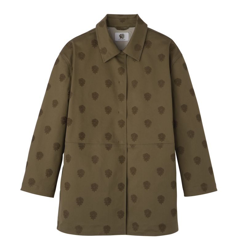 Women Longchamp Embroidered Gabardine Coat Olive | Philippines-386YFCATQ