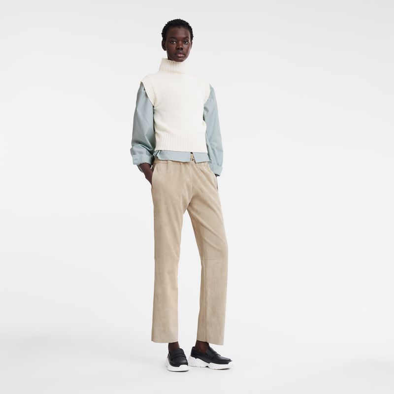 Women Longchamp Leather Straight Pants Beige | Philippines-703QGYJZA