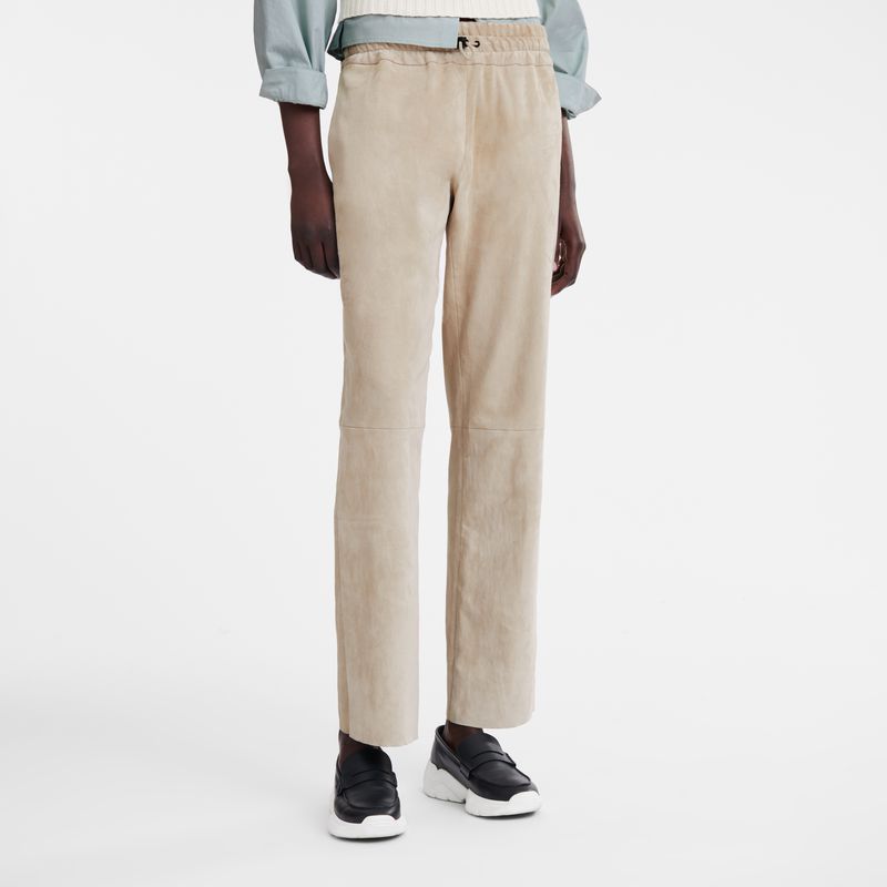 Women Longchamp Leather Straight Pants Beige | Philippines-703QGYJZA