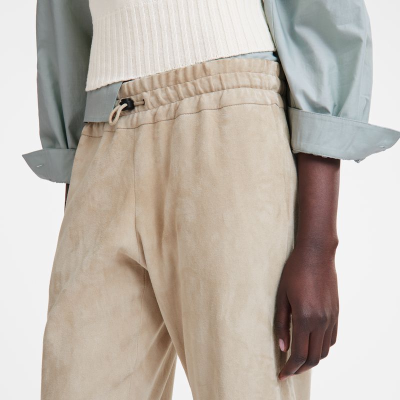Women Longchamp Leather Straight Pants Beige | Philippines-703QGYJZA
