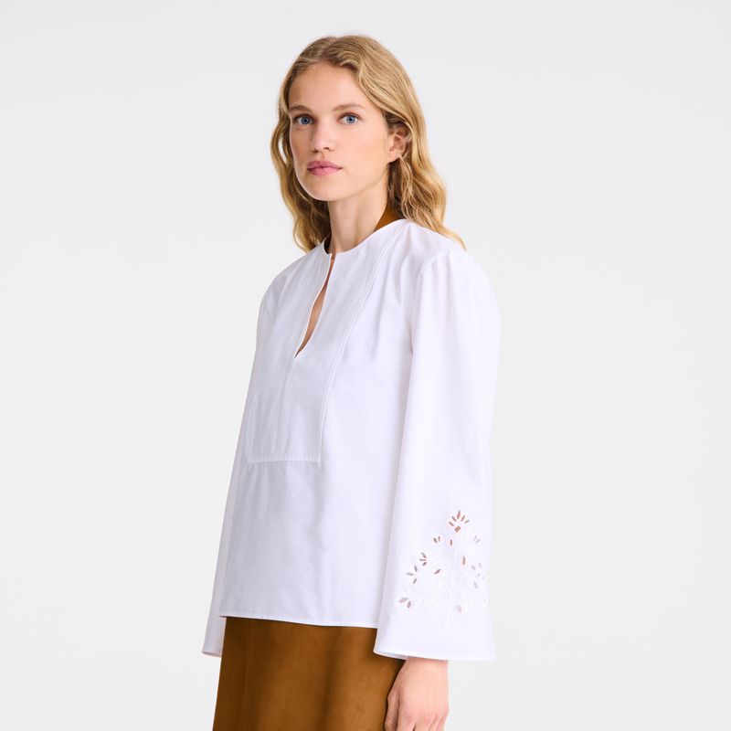 Women Longchamp Poplin Embroidered Blouse White | Philippines-396RJGFHM