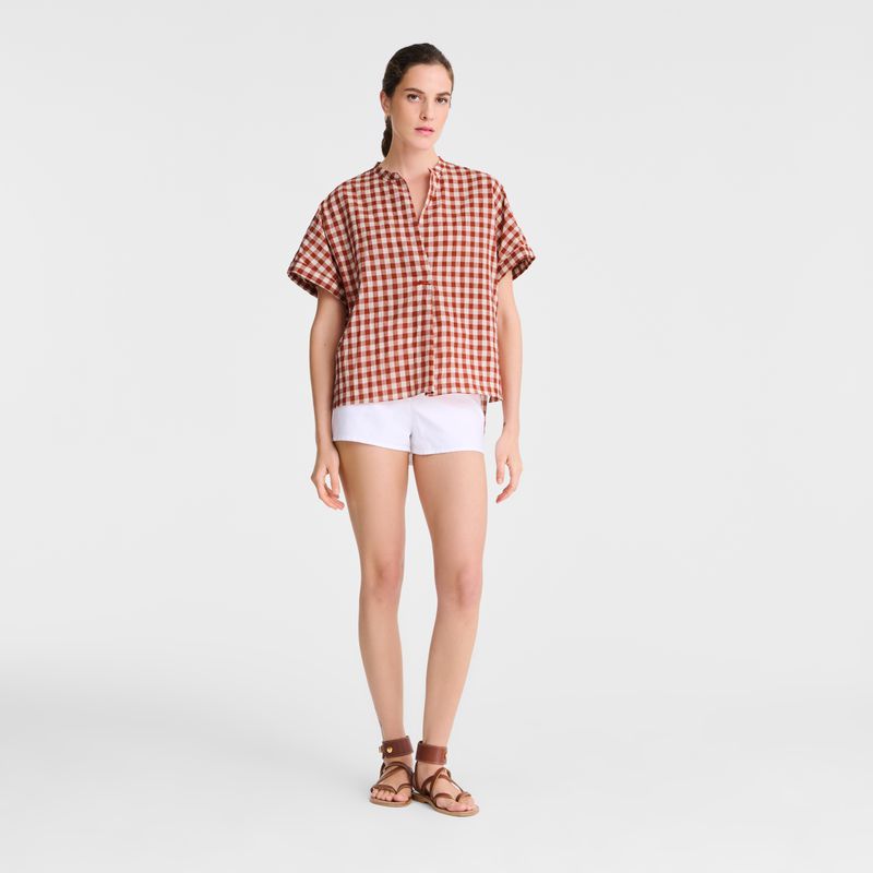 Women Longchamp Vichy Jacquard Blouse Coral / White | Philippines-576QZCIEG