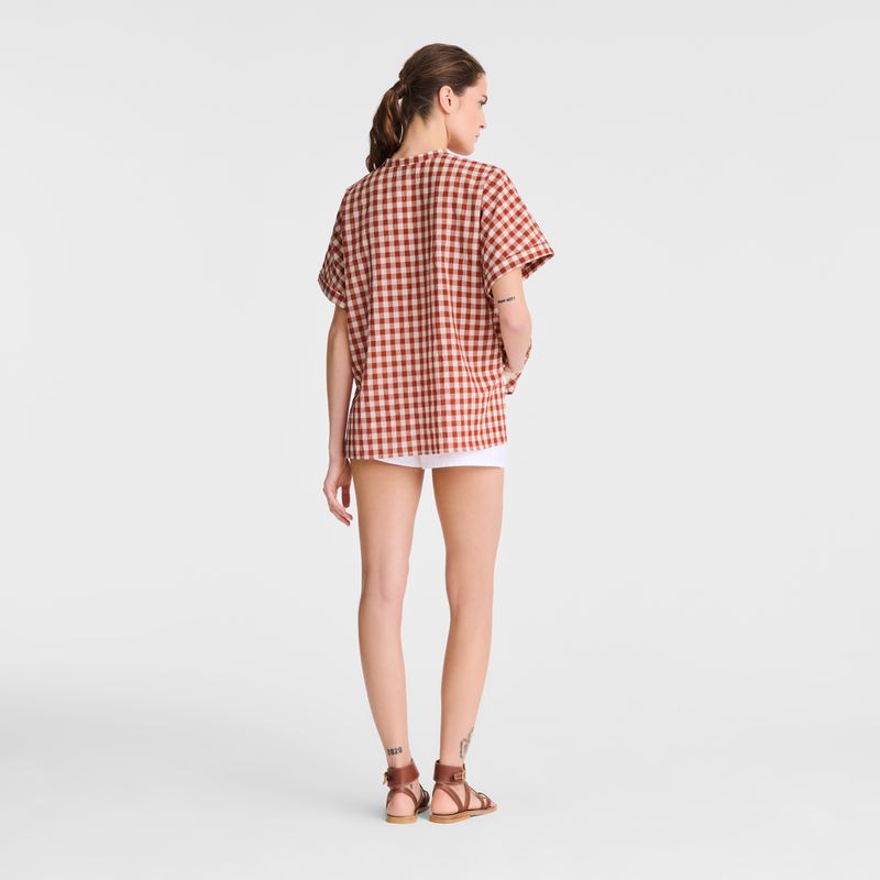 Women Longchamp Vichy Jacquard Blouse Coral / White | Philippines-576QZCIEG