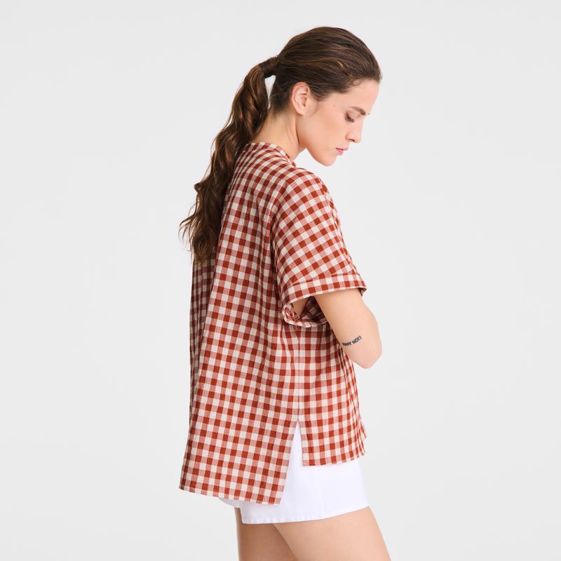 Women Longchamp Vichy Jacquard Blouse Coral / White | Philippines-576QZCIEG