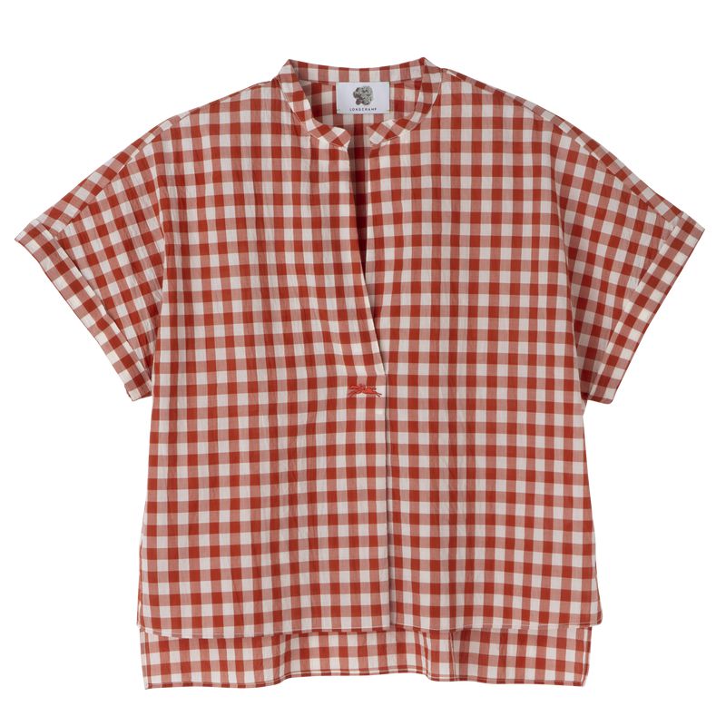 Women Longchamp Vichy Jacquard Blouse Coral / White | Philippines-576QZCIEG