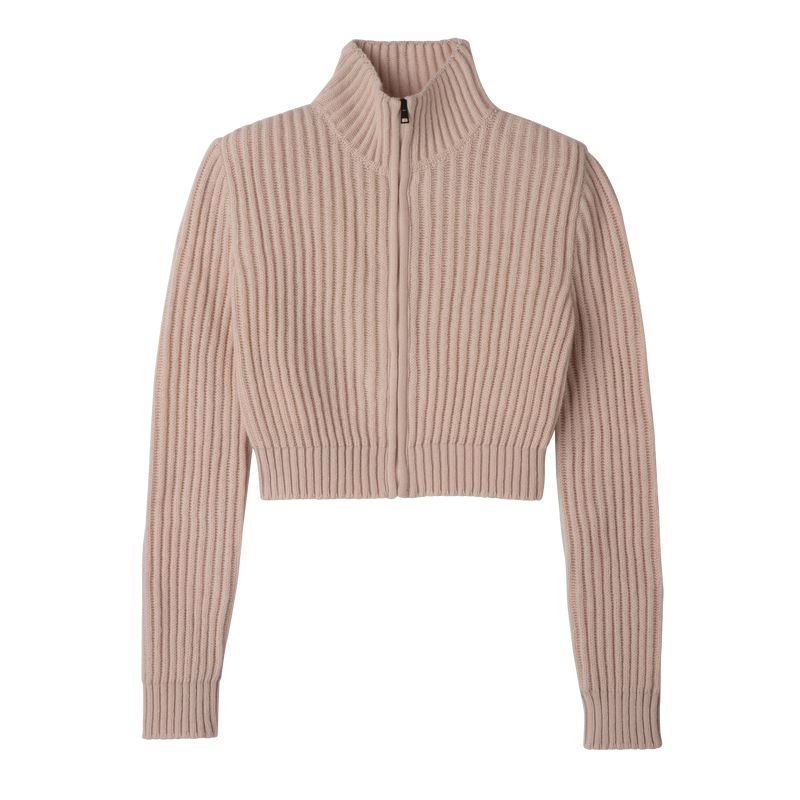 Women Longchamp Zip Collar Short Cardigan Beige | Philippines-126SGZYKP